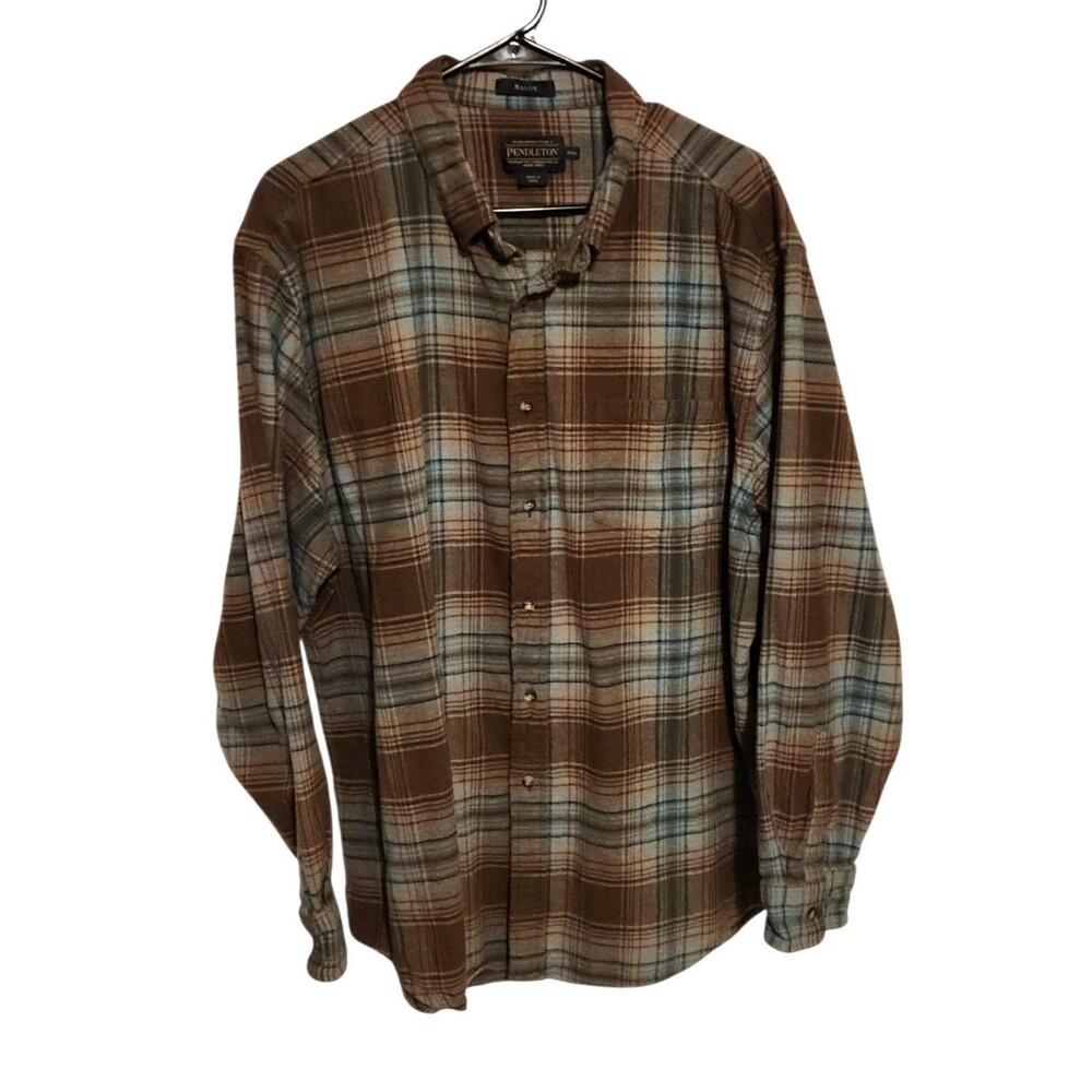 Pendleton Mason Flannel Shirt Button Down Blue Brown Plaid Cotton Mens Size XXL